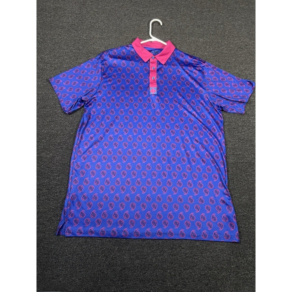 Pins And Aces Golf Polo Shirt Men's XL Blue Pink Bomb AOP Performance Geometric